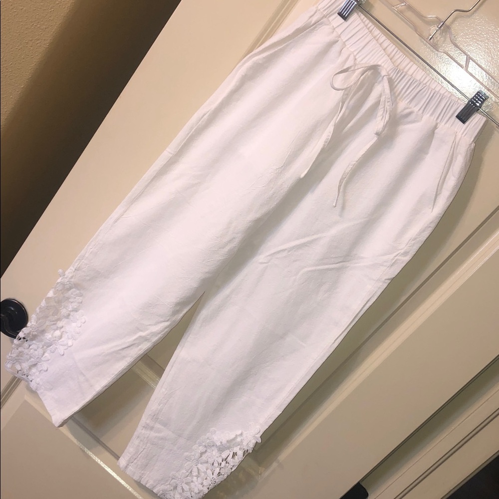 White Drawstring Linen Pants with Lace Trim